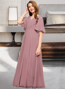 Maureen A-Line V-neck Floor-Length Chiffon Junior Bridesmaid Dress With Ruffle XXCP0013510