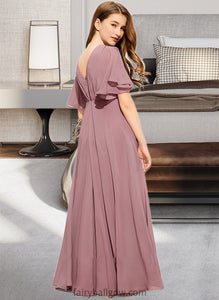 Maureen A-Line V-neck Floor-Length Chiffon Junior Bridesmaid Dress With Ruffle XXCP0013510