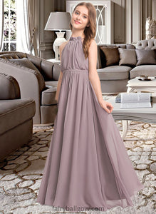 Gwen A-Line High Neck Floor-Length Chiffon Junior Bridesmaid Dress With Bow(s) Cascading Ruffles XXCP0013512