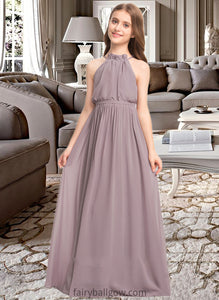 Gwen A-Line High Neck Floor-Length Chiffon Junior Bridesmaid Dress With Bow(s) Cascading Ruffles XXCP0013512