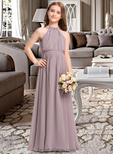 Load image into Gallery viewer, Gwen A-Line High Neck Floor-Length Chiffon Junior Bridesmaid Dress With Bow(s) Cascading Ruffles XXCP0013512