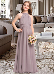 Gwen A-Line High Neck Floor-Length Chiffon Junior Bridesmaid Dress With Bow(s) Cascading Ruffles XXCP0013512