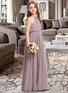 Gwen A-Line High Neck Floor-Length Chiffon Junior Bridesmaid Dress With Bow(s) Cascading Ruffles XXCP0013512