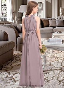 Gwen A-Line High Neck Floor-Length Chiffon Junior Bridesmaid Dress With Bow(s) Cascading Ruffles XXCP0013512