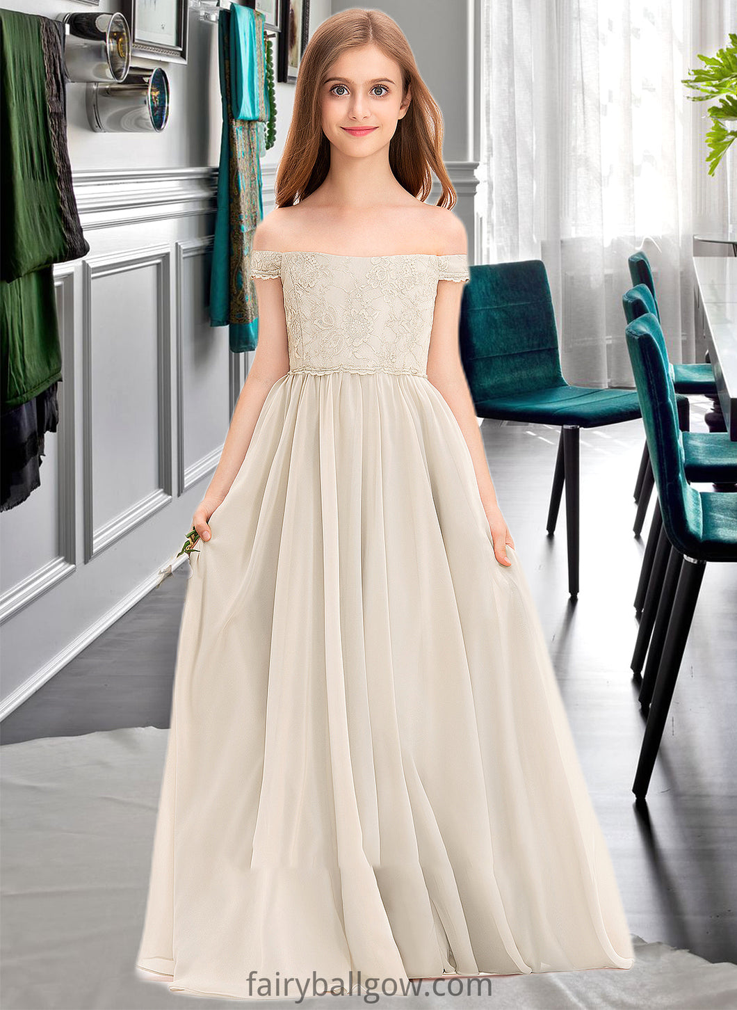 Breanna A-Line Off-the-Shoulder Floor-Length Chiffon Lace Junior Bridesmaid Dress XXCP0013514