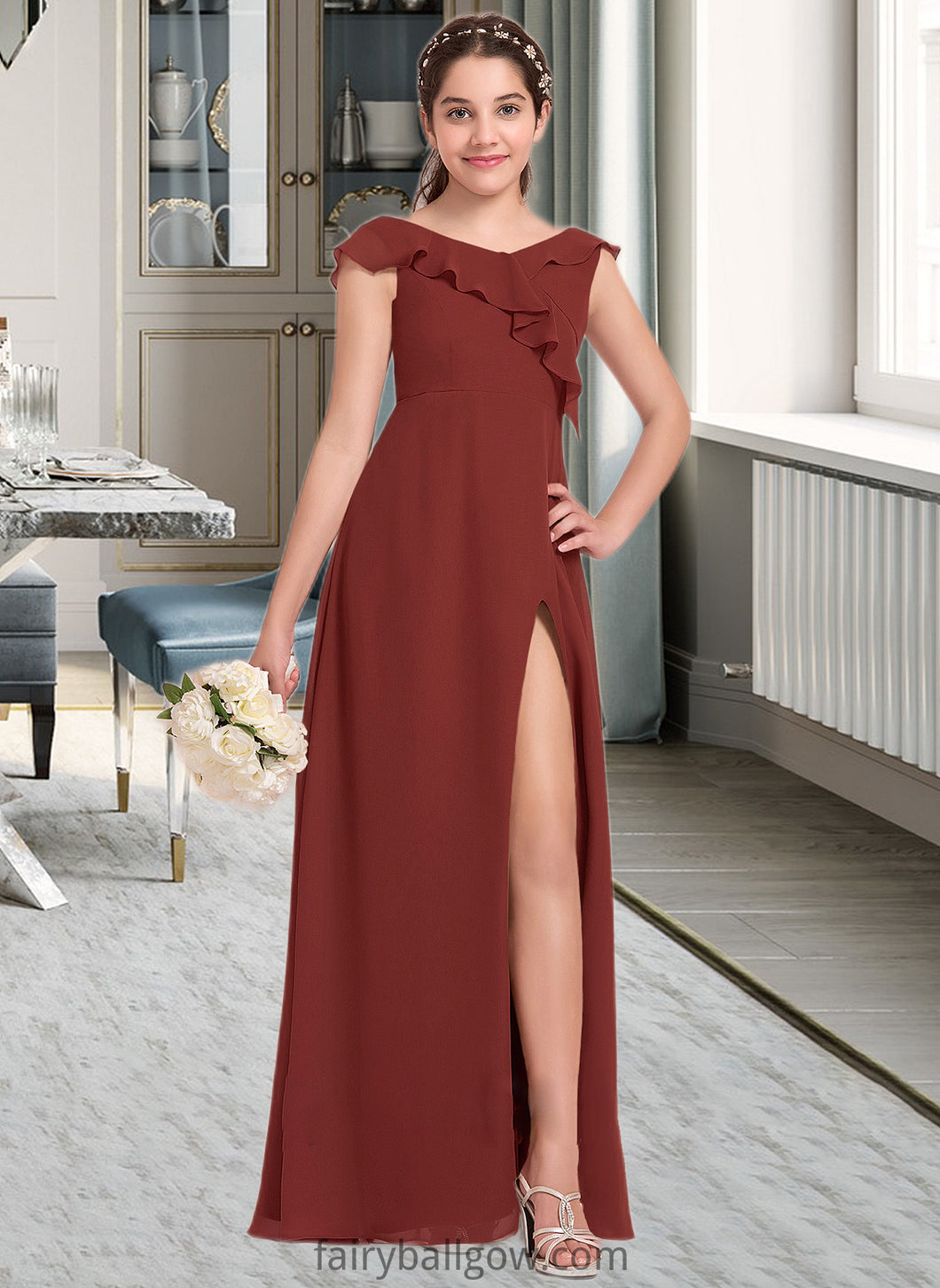 Sal A-Line V-neck Floor-Length Chiffon Junior Bridesmaid Dress With Split Front Cascading Ruffles XXCP0013517