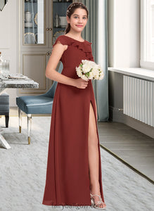 Sal A-Line V-neck Floor-Length Chiffon Junior Bridesmaid Dress With Split Front Cascading Ruffles XXCP0013517