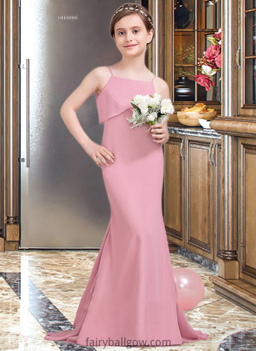 Abagail Trumpet/Mermaid Square Neckline Sweep Train Chiffon Junior Bridesmaid Dress With Cascading Ruffles XXCP0013518