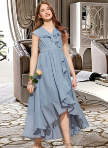 Jaslene A-Line V-neck Asymmetrical Chiffon Junior Bridesmaid Dress With Bow(s) Cascading Ruffles XXCP0013522