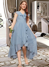 Load image into Gallery viewer, Jaslene A-Line V-neck Asymmetrical Chiffon Junior Bridesmaid Dress With Bow(s) Cascading Ruffles XXCP0013522