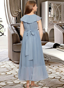 Jaslene A-Line V-neck Asymmetrical Chiffon Junior Bridesmaid Dress With Bow(s) Cascading Ruffles XXCP0013522