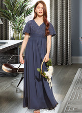 Load image into Gallery viewer, Azaria A-Line V-neck Floor-Length Chiffon Lace Junior Bridesmaid Dress With Bow(s) XXCP0013523