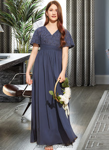 Azaria A-Line V-neck Floor-Length Chiffon Lace Junior Bridesmaid Dress With Bow(s) XXCP0013523