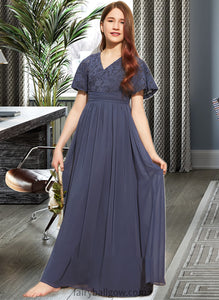 Azaria A-Line V-neck Floor-Length Chiffon Lace Junior Bridesmaid Dress With Bow(s) XXCP0013523