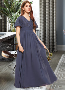 Azaria A-Line V-neck Floor-Length Chiffon Lace Junior Bridesmaid Dress With Bow(s) XXCP0013523