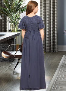 Azaria A-Line V-neck Floor-Length Chiffon Lace Junior Bridesmaid Dress With Bow(s) XXCP0013523