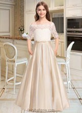 Load image into Gallery viewer, Abigayle Ball-Gown/Princess Off-the-Shoulder Floor-Length Satin Lace Junior Bridesmaid Dress With Bow(s) Pockets XXCP0013530