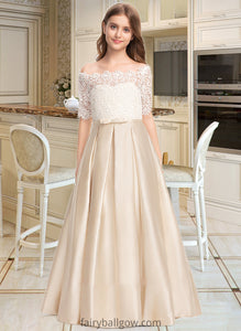 Abigayle Ball-Gown/Princess Off-the-Shoulder Floor-Length Satin Lace Junior Bridesmaid Dress With Bow(s) Pockets XXCP0013530