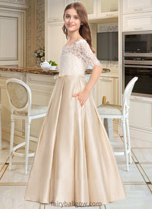 Abigayle Ball-Gown/Princess Off-the-Shoulder Floor-Length Satin Lace Junior Bridesmaid Dress With Bow(s) Pockets XXCP0013530