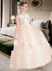 Mignon Ball-Gown/Princess Scoop Neck Floor-Length Tulle Junior Bridesmaid Dress With Flower(s) Bow(s) XXCP0013534