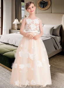 Mignon Ball-Gown/Princess Scoop Neck Floor-Length Tulle Junior Bridesmaid Dress With Flower(s) Bow(s) XXCP0013534