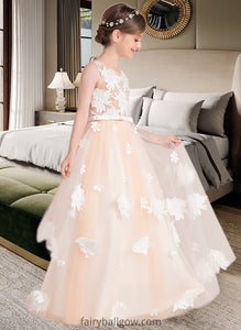 Mignon Ball-Gown/Princess Scoop Neck Floor-Length Tulle Junior Bridesmaid Dress With Flower(s) Bow(s) XXCP0013534