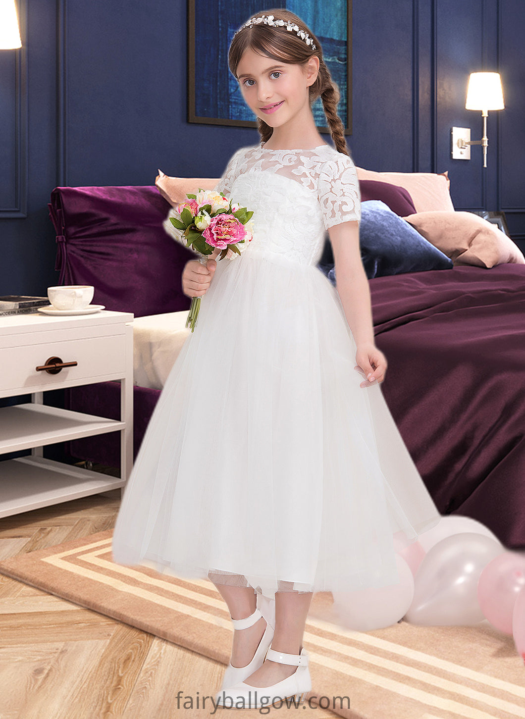 Stephany A-Line Scoop Neck Tea-Length Tulle Junior Bridesmaid Dress XXCP0013535