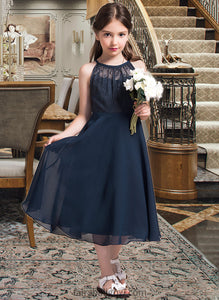 Xiomara A-Line Scoop Neck Tea-Length Chiffon Lace Junior Bridesmaid Dress With Ruffle XXCP0013536