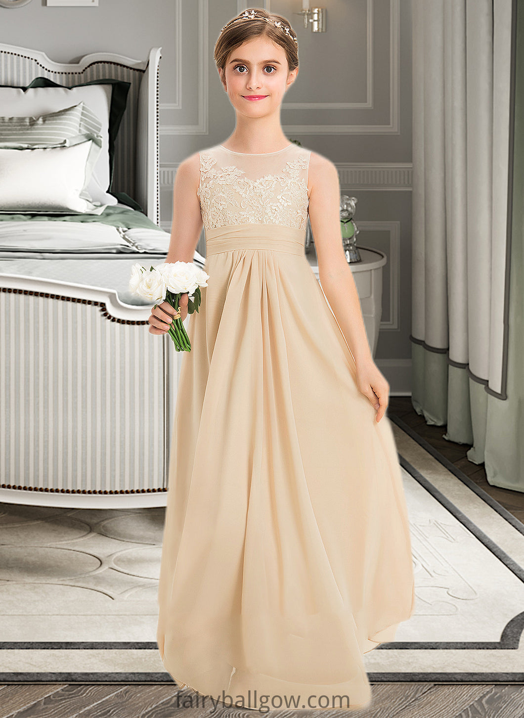 Alivia A-Line Scoop Neck Floor-Length Chiffon Lace Junior Bridesmaid Dress XXCP0013539