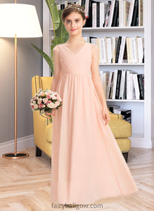 Maia A-Line V-neck Floor-Length Chiffon Lace Junior Bridesmaid Dress With Ruffle XXCP0013540