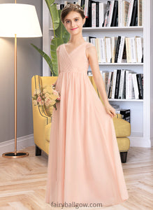 Maia A-Line V-neck Floor-Length Chiffon Lace Junior Bridesmaid Dress With Ruffle XXCP0013540