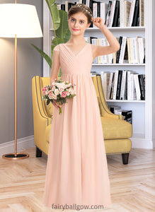 Maia A-Line V-neck Floor-Length Chiffon Lace Junior Bridesmaid Dress With Ruffle XXCP0013540