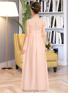 Maia A-Line V-neck Floor-Length Chiffon Lace Junior Bridesmaid Dress With Ruffle XXCP0013540