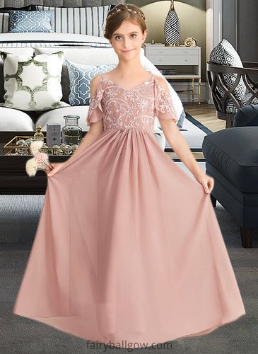 Amy A-Line V-neck Floor-Length Chiffon Lace Junior Bridesmaid Dress XXCP0013541