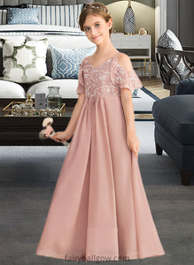 Amy A-Line V-neck Floor-Length Chiffon Lace Junior Bridesmaid Dress XXCP0013541