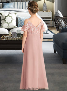 Amy A-Line V-neck Floor-Length Chiffon Lace Junior Bridesmaid Dress XXCP0013541