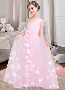 Natalee A-Line One-Shoulder Floor-Length Tulle Junior Bridesmaid Dress With Ruffle Flower(s) XXCP0013546