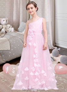 Natalee A-Line One-Shoulder Floor-Length Tulle Junior Bridesmaid Dress With Ruffle Flower(s) XXCP0013546