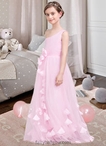 Natalee A-Line One-Shoulder Floor-Length Tulle Junior Bridesmaid Dress With Ruffle Flower(s) XXCP0013546