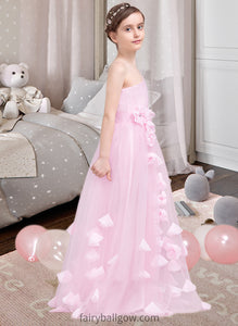 Natalee A-Line One-Shoulder Floor-Length Tulle Junior Bridesmaid Dress With Ruffle Flower(s) XXCP0013546