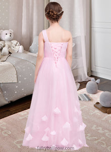 Natalee A-Line One-Shoulder Floor-Length Tulle Junior Bridesmaid Dress With Ruffle Flower(s) XXCP0013546