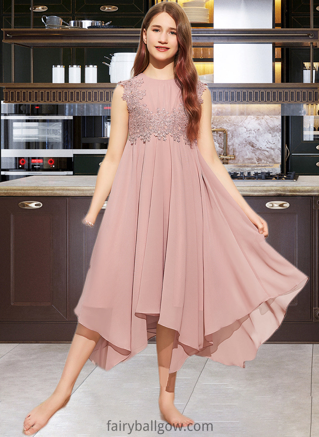 Lorelei A-Line Scoop Neck Tea-Length Chiffon Lace Junior Bridesmaid Dress XXCP0013547