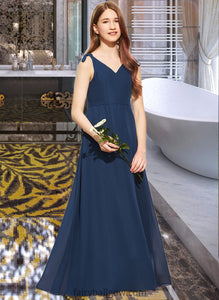 Nevaeh A-Line V-neck Floor-Length Chiffon Junior Bridesmaid Dress With Bow(s) XXCP0013548