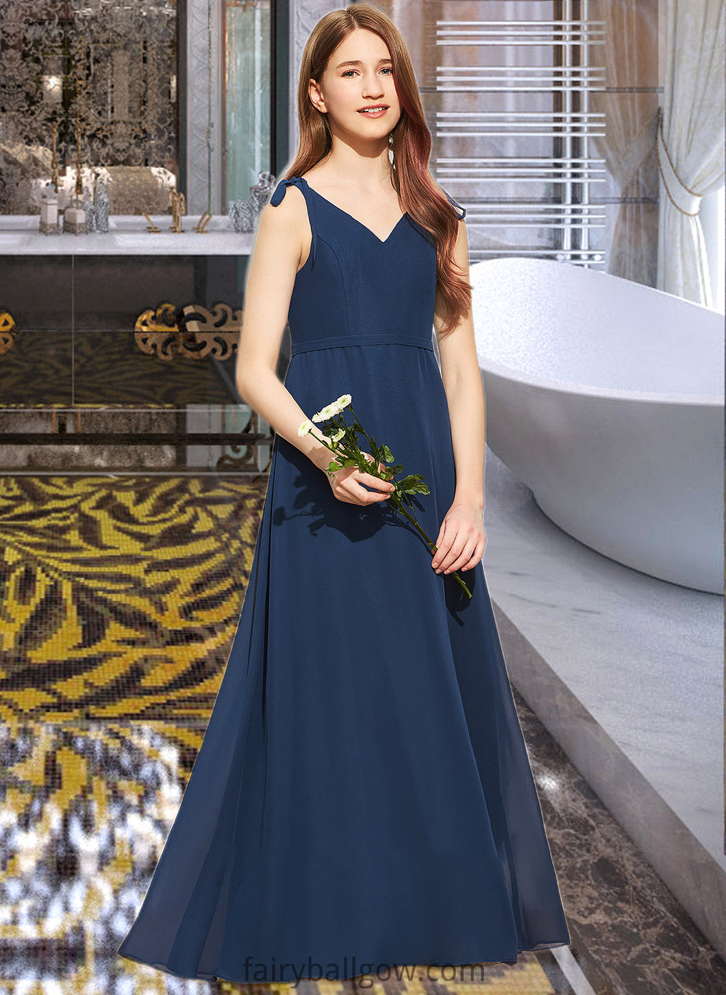 Nevaeh A-Line V-neck Floor-Length Chiffon Junior Bridesmaid Dress With Bow(s) XXCP0013548