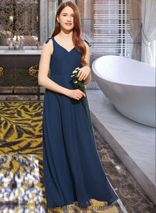 Nevaeh A-Line V-neck Floor-Length Chiffon Junior Bridesmaid Dress With Bow(s) XXCP0013548