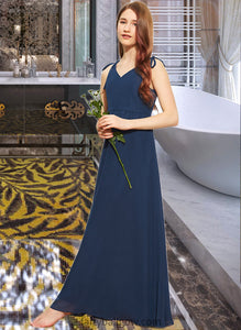 Nevaeh A-Line V-neck Floor-Length Chiffon Junior Bridesmaid Dress With Bow(s) XXCP0013548