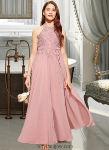 Damaris A-Line Scoop Neck Floor-Length Chiffon Lace Junior Bridesmaid Dress XXCP0013549