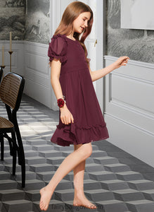 Payten A-Line Scoop Neck Knee-Length Chiffon Junior Bridesmaid Dress With Bow(s) Cascading Ruffles XXCP0013550