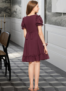 Payten A-Line Scoop Neck Knee-Length Chiffon Junior Bridesmaid Dress With Bow(s) Cascading Ruffles XXCP0013550