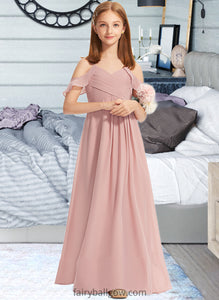 Amari A-Line Off-the-Shoulder Floor-Length Chiffon Junior Bridesmaid Dress With Cascading Ruffles XXCP0013553